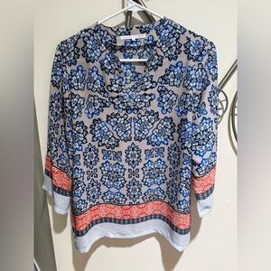 Violet & Claire Blue and Coral Floral Border Tunic Size S Boho Bohemian